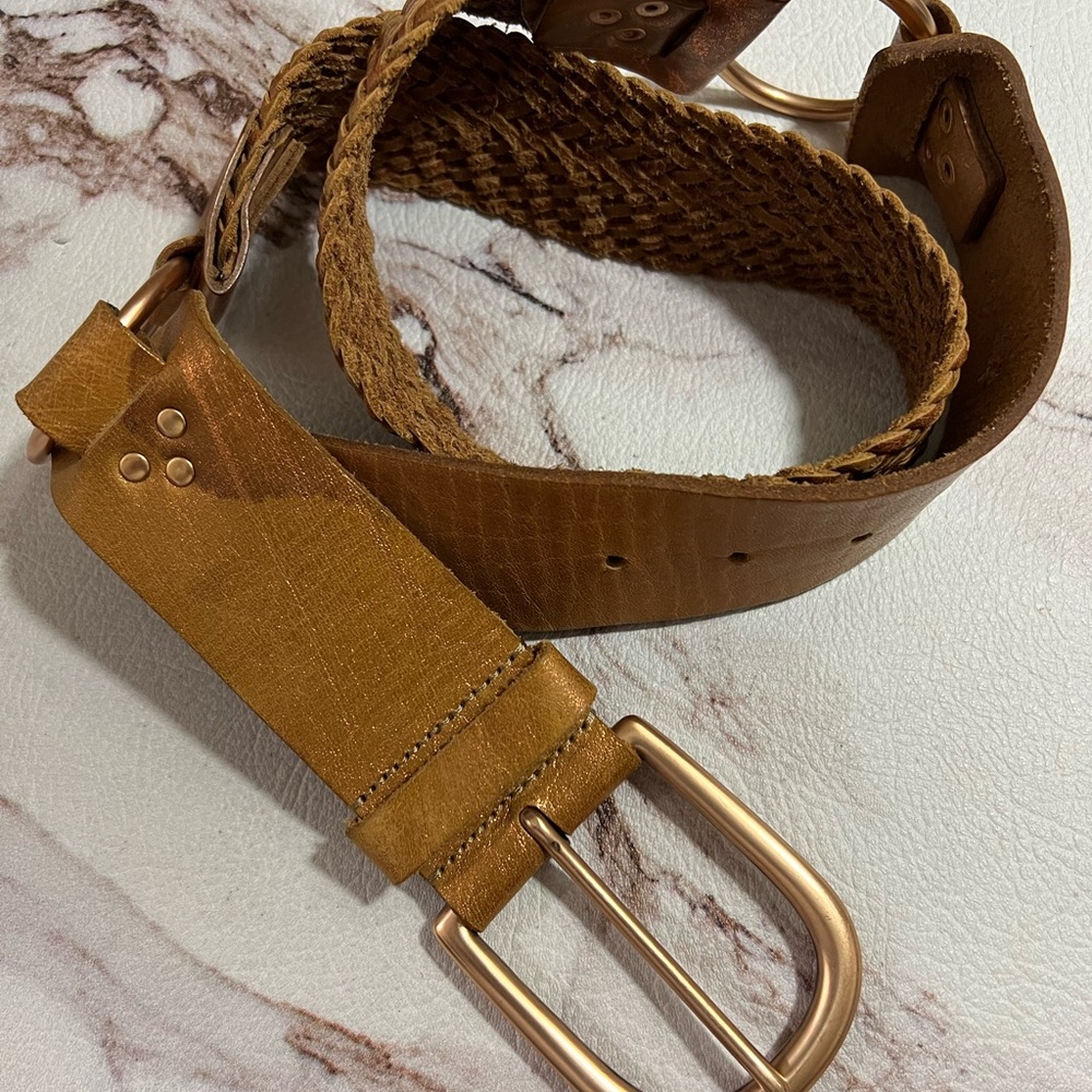 Linea Pelle LP050964 Bronze Metallic Woven Brass Buckle Leather Belt M.
